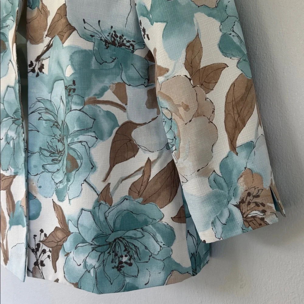 Vintage Alfred Dunner blue tan floral print drape style blazer jacket size 8